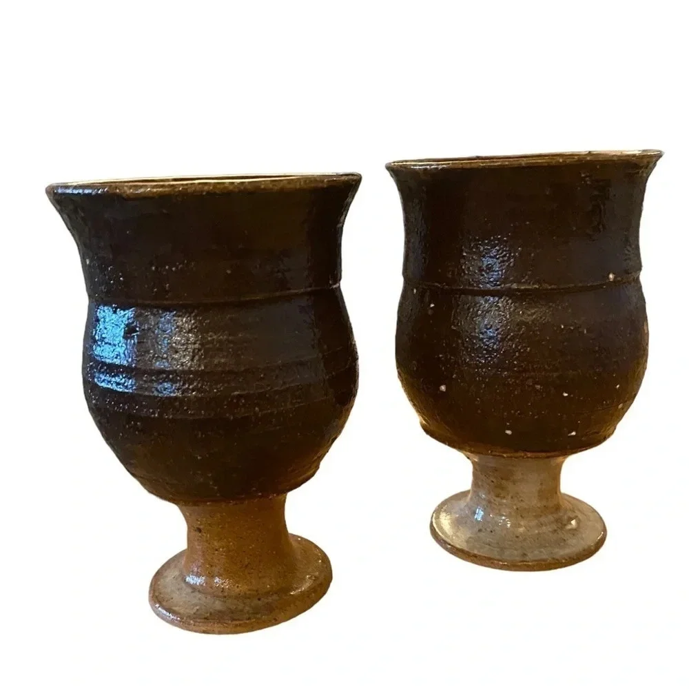 Vintage handmade stoneware pottery goblet / wine glasses / chalices